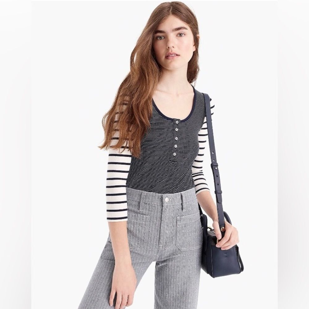 J. Crew Navy and White Striped Scoop Neck Ribbed Long Sleeve Henley